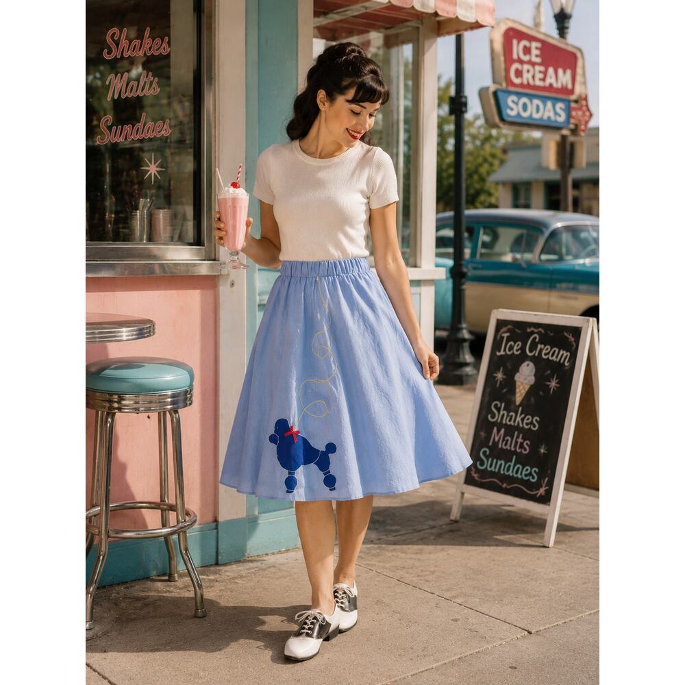 Vintage Poodle Circle Skirt Blue Rockabilly Retro Atomic Midcentury M Handmade